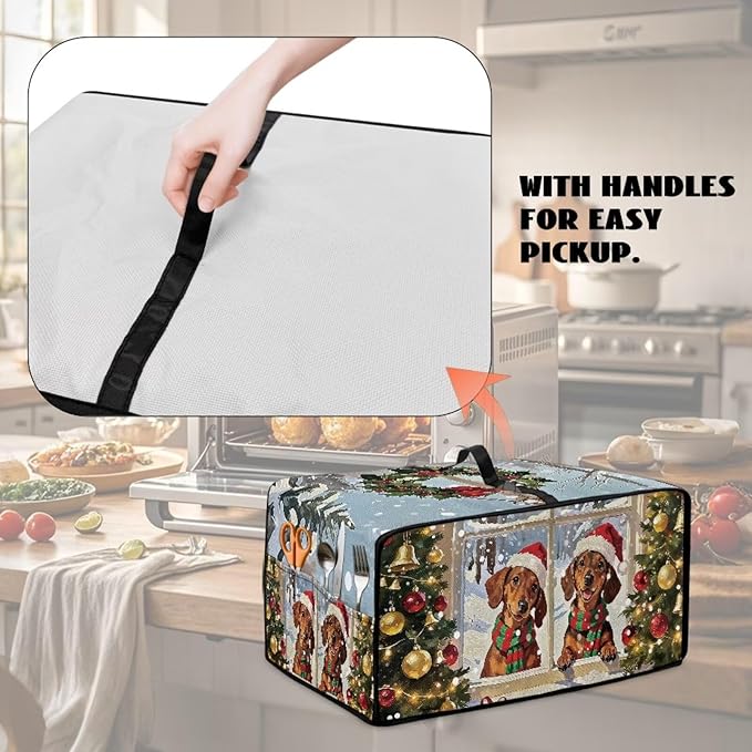 Convection Oven Dust Cover with Storage Pockets, Protective Smart Oven Cover for Kitchen Countertop for Christmas Holiday Party, M, 16.5 x 20.5 x 10 Inches, Dachshund Dog Christmas Tree