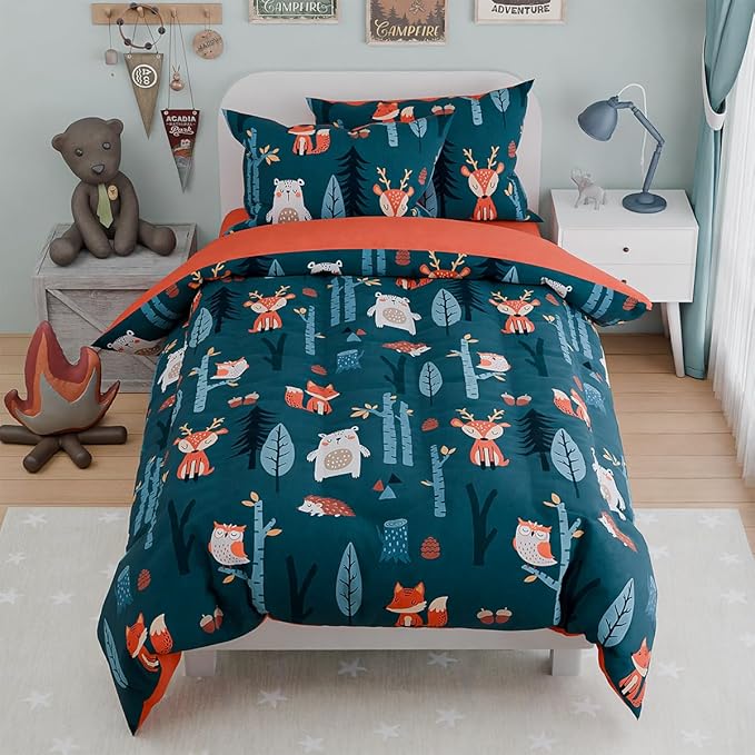 Woodland Animal Kids Bedding Set for Boys, Ultra Soft Microfiber Comforter Set Twin Size 3-Pieces, Comforters Bed Sets for Kid Tween Teen Bedroom Decor