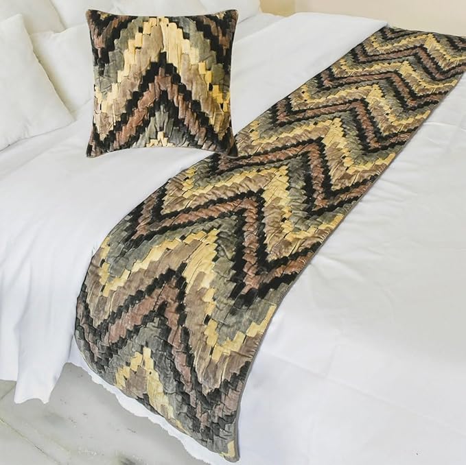 The HomeCentric King/Queen/Twin Beige Decorative Queen 74"x18" Bed Runner with Pillow Cover, Abstract, Chevron, Quilted Bed Scarf on Suede Velvet Fabric - Paramount