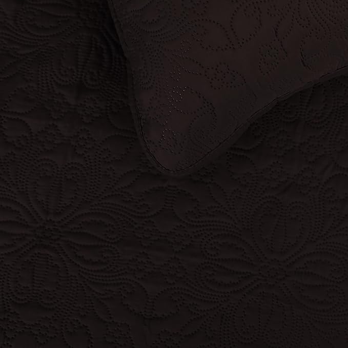 Easy-Going King Size Reversible Quilt Set with 1 Quilt and 2 Pillow Shams, Soft Bed Quilt Cover, Water Resistant Lightweight Microfiber Bedspread, Stain Resistant, Damask-Chocolate/Beige