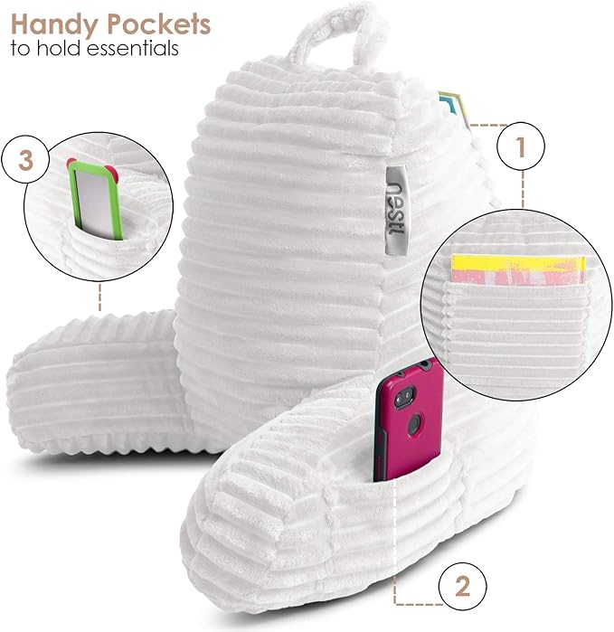 Nestl Reading Pillow for Kids & Teens with Shredded Memory Foam, Luxe Cut Plush Backrest Pillows for Reading and Gaming, for use on Couch, Bed, Floor, Adjustable Support with Washable Cover White