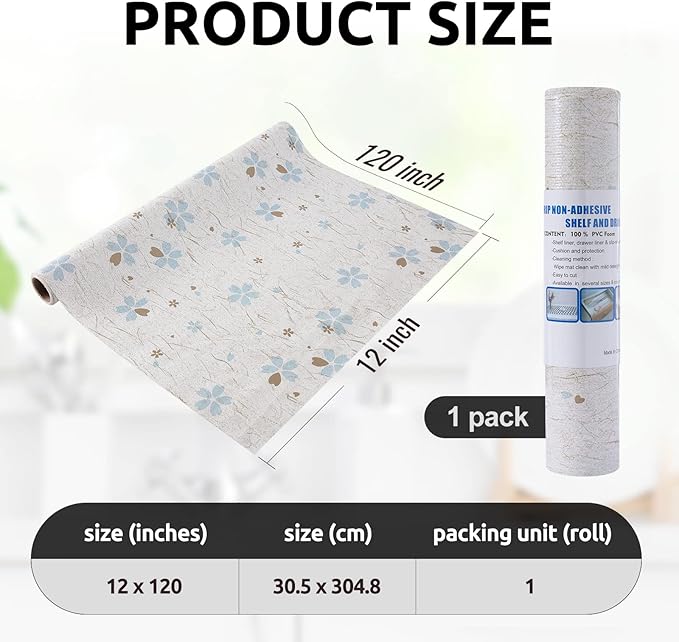 RAY STAR 12X120 Inch Shelf Liner for Kitchen Cabinets, Non-Adhesive Cabinet Liner Washable, PVC Drawer Liner for Dresser Non-Slip Bathroom (Floral)(1 Roll)