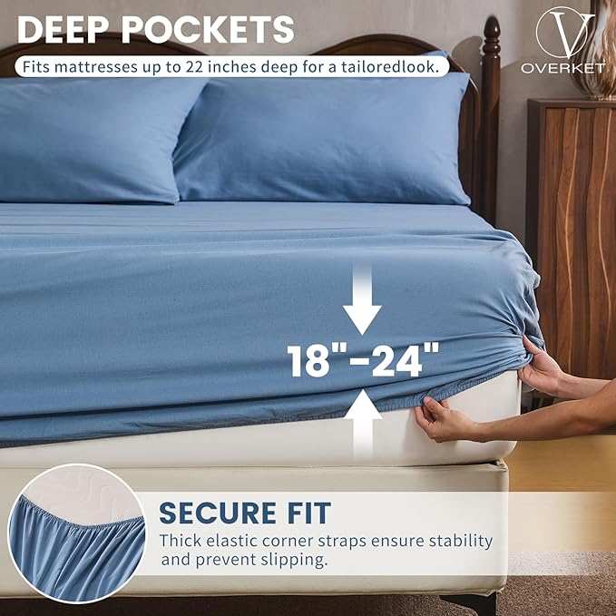 100% Linen Sheet Set Cal King Size Extra Deep Pocket Fits 18-24 Inch Mattress, Breathable & Soft, Smooth 4-Piece Set for Thick Mattresses Hotel Luxury Bedding（Cal King, Dusty Blue）