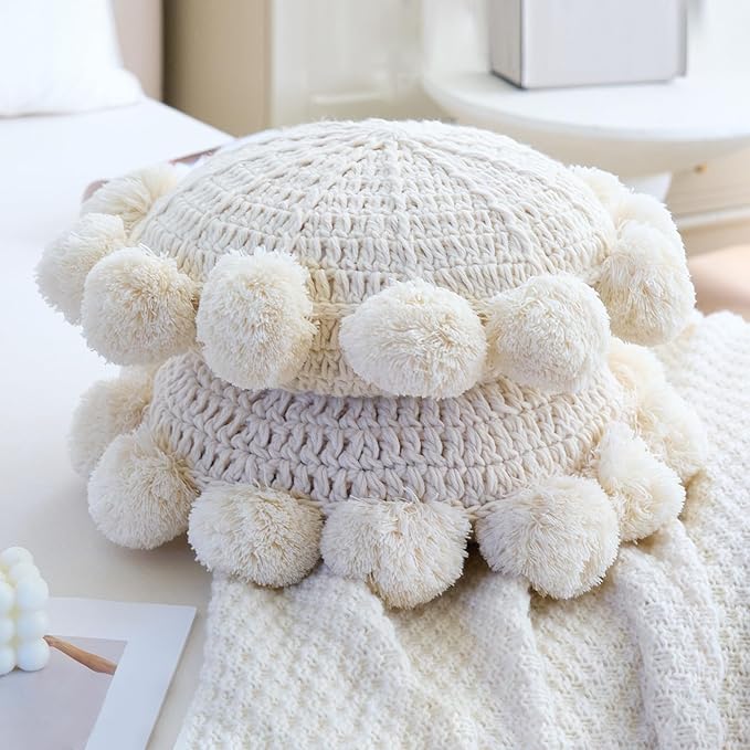 Beige 14 Inch Boho Round Throw Pillow, Cute Throw Pillow with Pom Poms Tassels, Decorative Circular Knitted Crochet Cushion for Couch Sofa Chair Bed