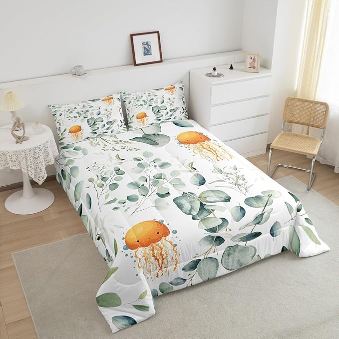 Erosebridal Kawaii Jellyfish Toddler Bedding Sets for Boys Girls Cartoon Animal Comforter Set, Eucalyptus Leaves Bedding Comforter Sets Ocean Wildlife Duvet Insert, Tropical Plants Down Comforter