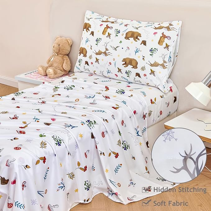 PERFEMET 4-Piece Toddler Bedding Set-Reversible Woodland Animal Toddler Bed Sets for Boys Girls-Soft Lightweight Cartoon Bear Deer Print Toddler Bed Comforter with Sheets for All Season
