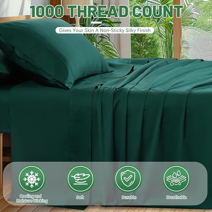 100% Egyptian Cotton Sheets Cal King Sheet Set 4PCS 1000 Thread Count Sateen Weave Soft Breathable 16-Inch Deep Pocket（California King,Dark Green）