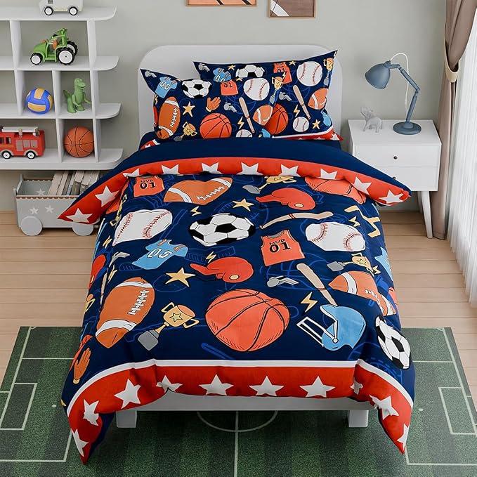 SANDJEST Sports Bedding Sets for Boys, Ultra Soft Microfiber Comforter Full Size Set with 4-Pieces, Comforters for Kids Children Boy Bedroom Decor