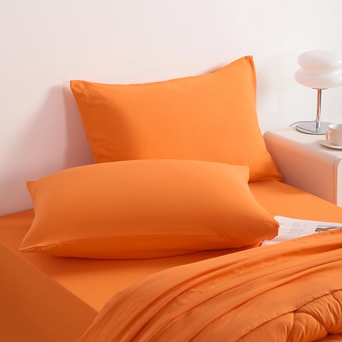 NTBAY Twin Comforter Set with Sheets, 5 Pieces Soft and Breathable Twin Bedding Set, Twin Bed in a Bag, Down Alternative Comforter Set Solid Color All Season, Kids Bedding Set, Orange