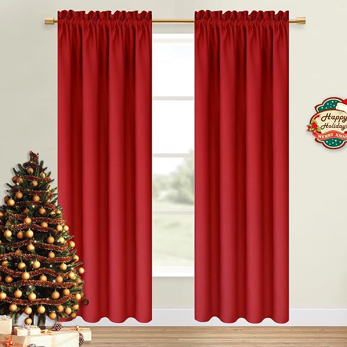 DWCN Christmas Blackout Curtains for Bedroom – Thermal Insulated Room Darkening Drapes for Living Room, Red, W 42 x L 84 Inch, Set of 2 Rod Pocket Curtain Panels