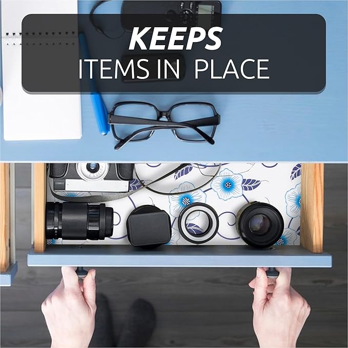 RAY STAR 12X120 Inch Shelf Liner for Kitchen Cabinets, Non-Adhesive Cabinet Liner Washable, PVC Drawer Liner for Dresser Non-Slip Bathroom (Blue Flower)(1 Roll)