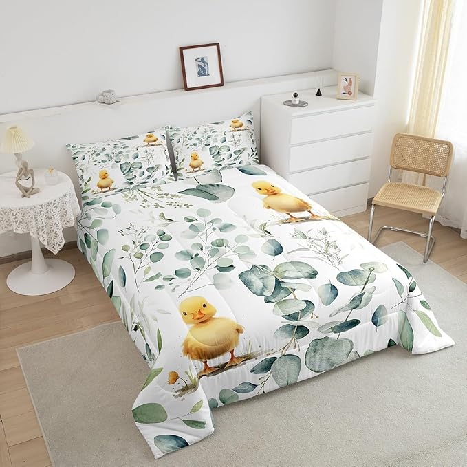 Erosebridal Kids Cute Animal Bedding Queen Size for Girls Boys Cartoon Duck Comforter Set Queen, Spring Eucalyptus Duvet Insert Leaves Quilt Set, Kawaii Farm Animal Bedding Comforters & Sets