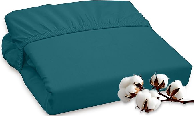 ROYALE LINENS 300 Thread Count 100% Long Staple Combed Cotton Fitted Sheet Twin XL - Super Soft Deep Pocket Bottom Sheet - Fitted Sheets Only - Elastic Sheets (Twin XL, Teal)
