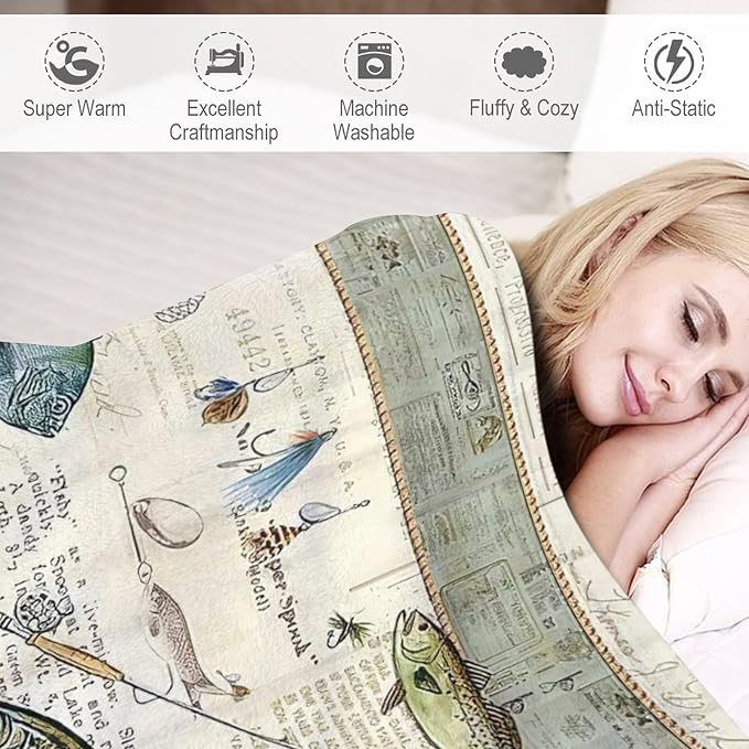 Fishing Blanket Gifts for Men and Kids - Soft Warm Cozy Fleece Throw for Adults - Fish Theme Couch Sofa Bed Cover 40"x50"