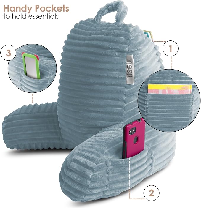 Nestl Reading Pillow for Kids & Teens with Shredded Memory Foam, Luxe Cut Plush Backrest Pillows for Reading and Gaming, For use on Couch, Bed, Floor, Adjustable Support with Washable Cover Stone Blue