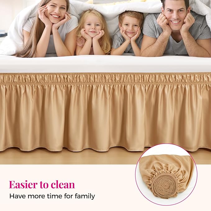 RIMELA Bed Skirt Queen Size Champagne Gold 15 Inch Drop, Wrap Around Elastic Bedskirt, Dust Ruffle for Adjustable Bed Base Soft Durable Fabric Machine Washable Easy to Install Bed Skirts