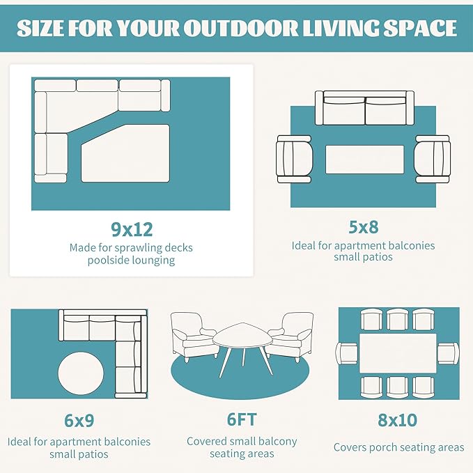 Ileading Large Plastic Outdoor Rug 9x12ft Modern Geometric Style Reversible Patio Area Rugs Waterproof Non Shedding Portable Carpets for Rv Outside Deck Pool Beach Picnic Camping (Teal)