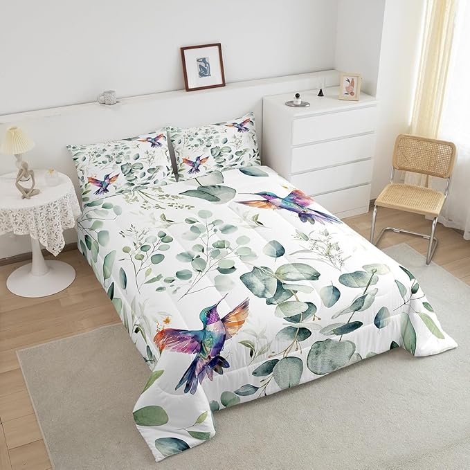 Erosebridal Cartoon Hummingbird Full Comforter Set Toddler Wildlife Bird Bedding Set Full, Plant Bedding Comforter Sets Eucalyptus Leaf Duvet Set, Jungle Animal Theme Quilted Comforter Kids Room Decor