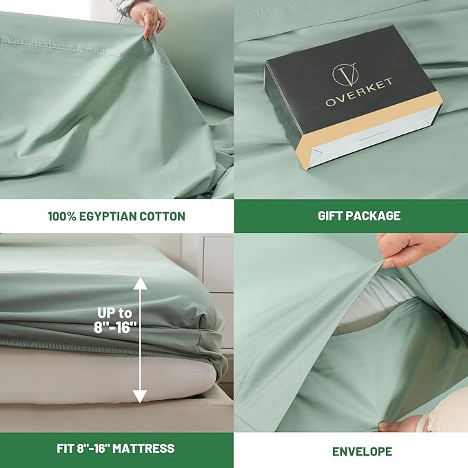 100% Egyptian Cotton Sheets Cal King Sheet Set 4PCS 1000 Thread Count Sateen Weave Soft Breathable 16-Inch Deep Pocket（California King,Sage Green）