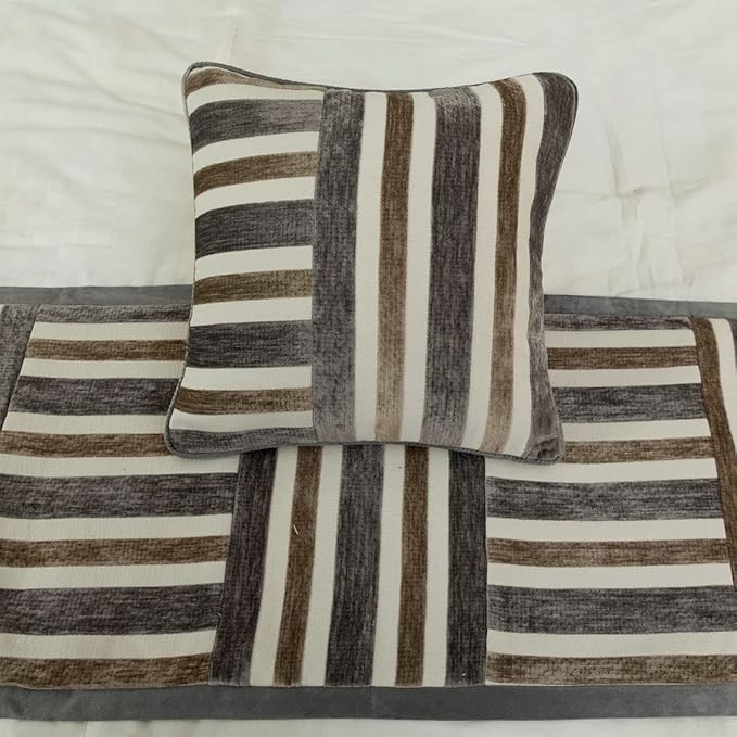 The HomeCentric King/Queen/Twin Beige & Grey Designer Twin 53"x18" Bed Runner with Pillow Cover, Patchwork Bed Scarf on Velvet Fabric - Striation