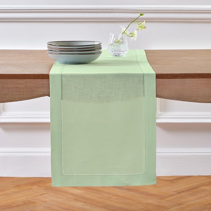 Solino Home Linen Light Green Hemstitch Table Runner 48 Inches - 100% Pure Linen Small Table Runner 14 x 48 Inch Ideal for Dresser and Coffee Tables - Classic Hemstitch