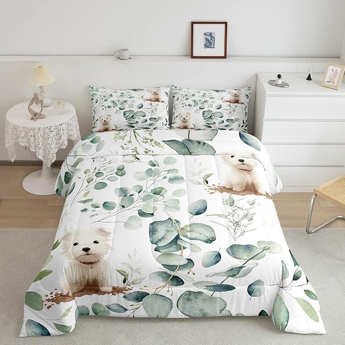 Erosebridal Cute Dog Full Size Comforter Set for Kids Child Green Eucalyptus Bedding Set, Pet Animal Down Comforter Botanical Plant Leaves Bed Set, Cartoon Pug Puppy Quilted Duvet