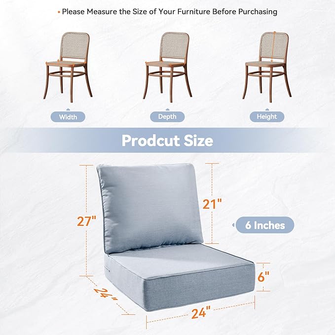 Luxury 6" Outdoor Cushions for Patio Furniture, 24x24x6" Thick Seat Cushion Set of 9, Fade Resistant Couch Chair Replacement Cushions High Density Wicker Chair Cushion w/ Removable Cover Baby Blue