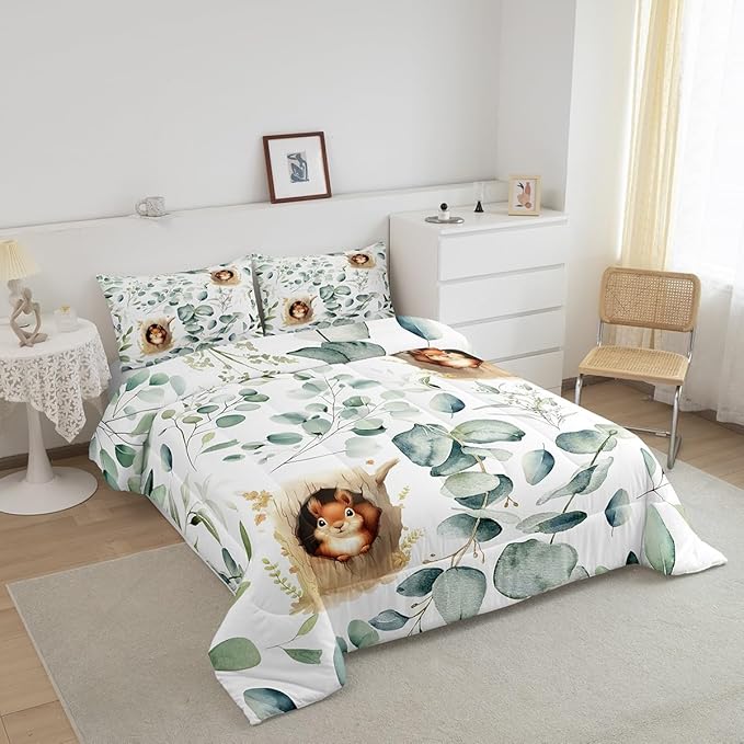 Erosebridal Kawaii Squirrel Full Comforter Set for Boys Girls Cartoon Animal Bedding Set Full, Eucalyptus Leaves Bedding Comforter Sets Jungle Wildlife Duvet Set, Tropical Plants Quilted Comforter
