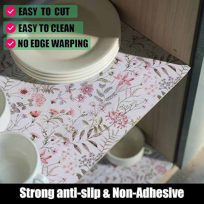 Floral Leaf Shelf Liners Strong Non-Slip and Non Adhesive 12IN x 20FT Shelf and Drawer Liners for Kitchen Cabinet Wire Fridge, Waterproof Shelf Drawer Liner,Easy to Clean