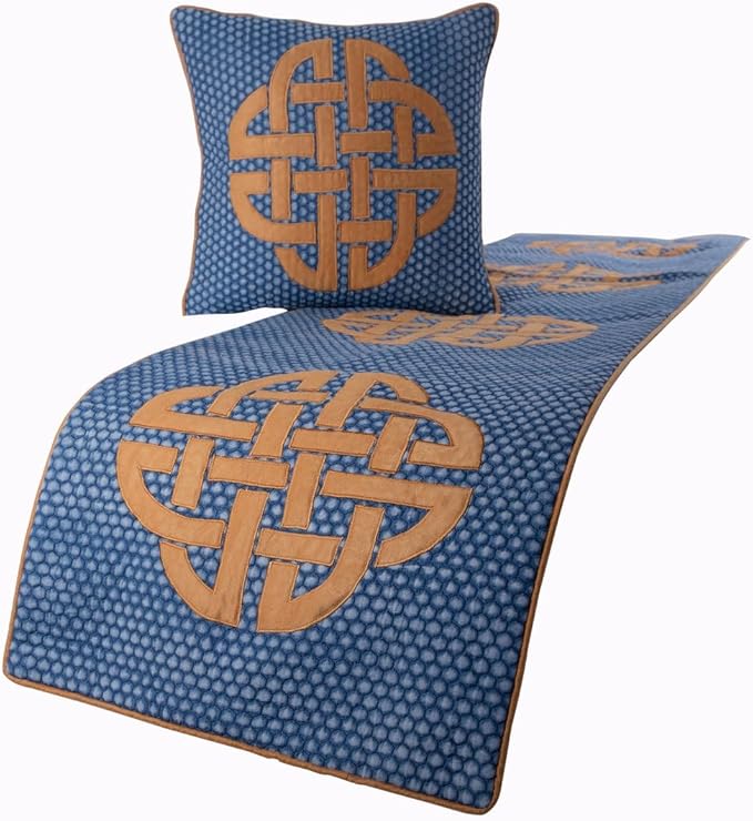 The HomeCentric Blue Bed Runner, Twin Size 53"x18" Decorative Bed Runner with 2 Matching Pillow Cover, Blue Cotton Bed Scarf in Quilted, Beehive Denim with Applique - Denim Love