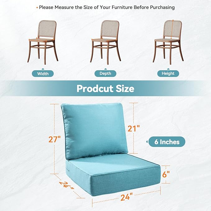 Luxury 6" Outdoor Cushions for Patio Furniture, 24x24x6" Thick Seat Cushion Set, Fade Resistant Couch Chair Replacement Cushions High Density Deep Wicker Chair Cushion with Removable Cover, Teal