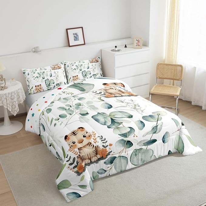 Erosebridal Kids Cute Animal Toddler Comforter Set for Girls Boys Cartoon Tiger Bedding Set, Spring Eucalyptus Bedding Comforter Sets Leaves Duvet Set, Kawaii Jungle Animal Quilted Comforter