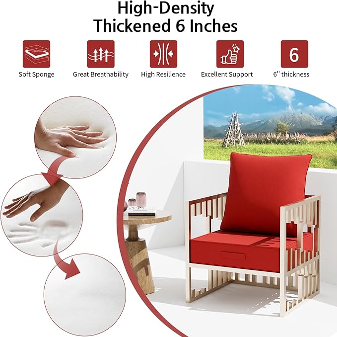 Outdoor Olefin Water-Resistant Deep Seat Cushion Set, 2PCS Weather and Fade Resistant 24''x 24''x 6'' Patio Furniture Seat Cushion, Thickened Sofa Chair Pad for Lawn, Garden, Red