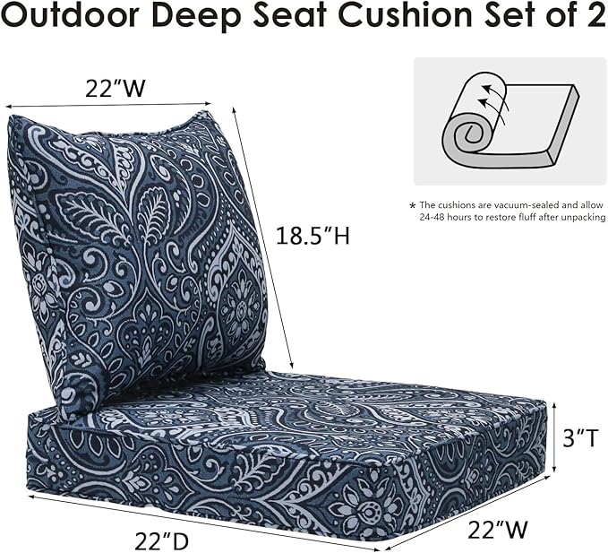 Outdoor Patio Chair Cushions Set, 22" x 22", Set of 2, Water-Repellent, Fade Resistant, Deep Seat Bottom and Back Cushion for Backyard, Couch, Sofa and Patio Furniture, Damask Blue Flower