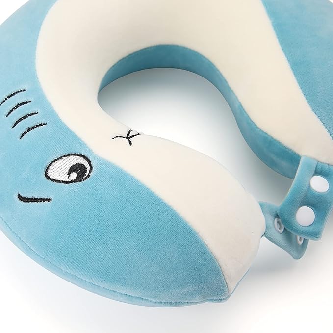 Niuniu Daddy Kids Travel Pillow for Airplane Road Trip Car Seat, Neck Chin Supporting, Stop Head from Falling Forward, Memory Foam with Cute Shark Animal Cover, Gift for Boy Girl - Shark Travel Pillow