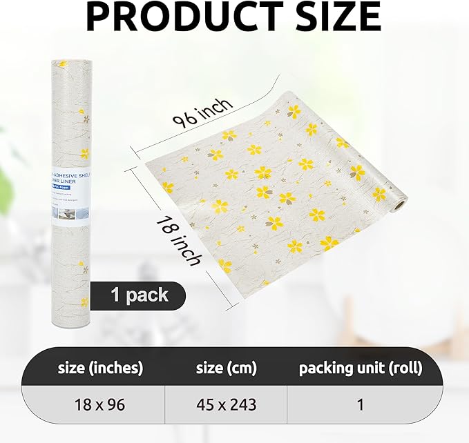 RAY STAR 18X96 Inch Shelf Liner for Kitchen Cabinets, Non-Adhesive Cabinet Liner Washable, PVC Drawer Liner for Dresser Non-Slip Bathroom (Yellow Floral)(1 Roll)