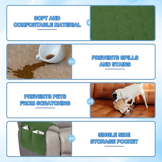 uxcell 3 PCS Armrest Covers, Couch Arm Cover Furniture Protect Slide Recliner Chair Armchair Covers with Side Storage Pocket for Sofa Recliner, Army Green