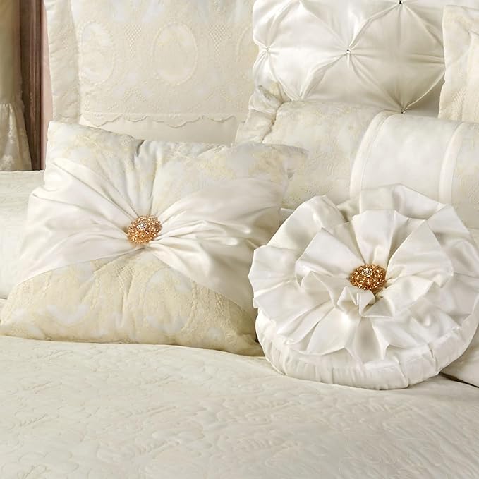 Cameo Lace Luxury Washable Polyester Bedding | Vintage | Pearl Scroll Leaf Quilting | Set of Nine: Queen Bedspread, 2 Standard Shams, 2 European Pillows and 2 European Shams, Square and Round Pillows