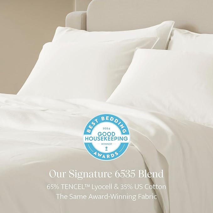 Double Stitch Cotton Tencel Duvet Cover - Queen Size Comforter Cover, Luxury & Soft Eucalyptus Lyocell Bedding Set for Hot Sleepers, Cooling, Smooth & Breathable, Button Closure, Cream, 90"x90"