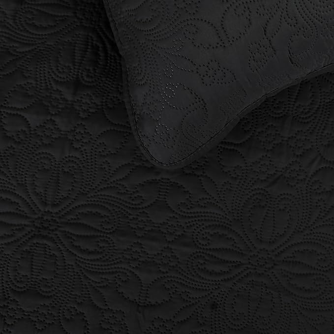 Easy-Going Twin Size Reversible Quilt Set with 1 Quilt and 1 Pillow Sham, Soft Bed Quilt Cover, Water Resistant Lightweight Microfiber Bedspread, Stain Resistant, Damask-Black/Beige