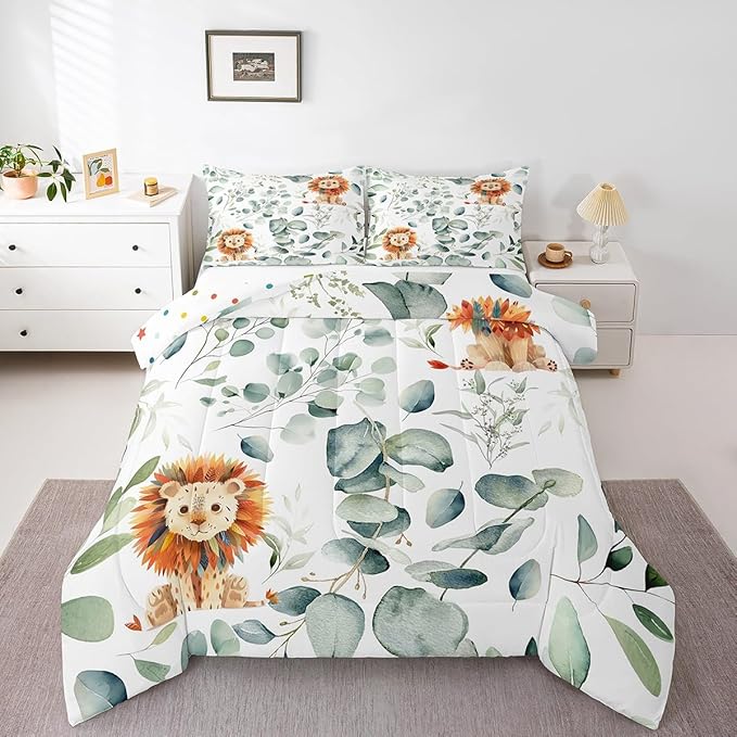 Erosebridal Cute Lion Bedding Toddler Size for Kids Child Green Eucalyptus Comforter Set Toddler, Woodland Animal Duvet Insert Plant Leaves Quilt Comforter, Cartoon Wildlife Bedding Comforters & Sets