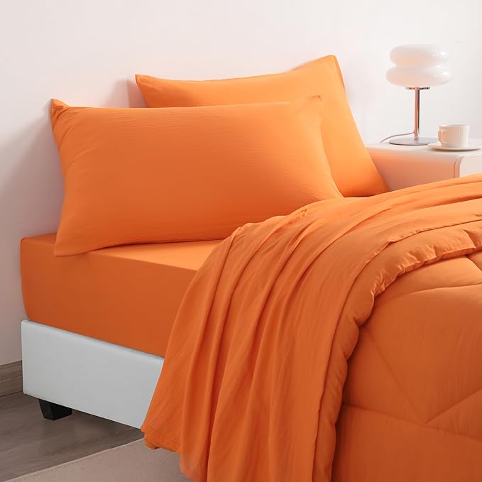 NTBAY Twin Comforter Set with Sheets, 5 Pieces Soft and Breathable Twin Bedding Set, Twin Bed in a Bag, Down Alternative Comforter Set Solid Color All Season, Kids Bedding Set, Orange