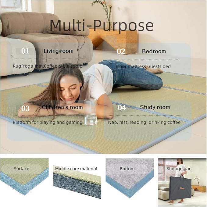MustMat Tatami Mat Japanese Floor Mattress Queen Size Tatami Bed Folding Mattress Rush Grass (Queen)