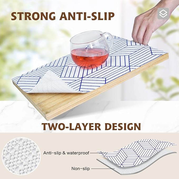 Shelf Liners for Kitchen Cabinets 17.3in x 20FT, Non Adhesive Cabinet Liner Strong Non-Slip White and Blue Geometric Drawer Liner, Easy to Clean for Shelf, Cabinet with Knife and Tape Measure