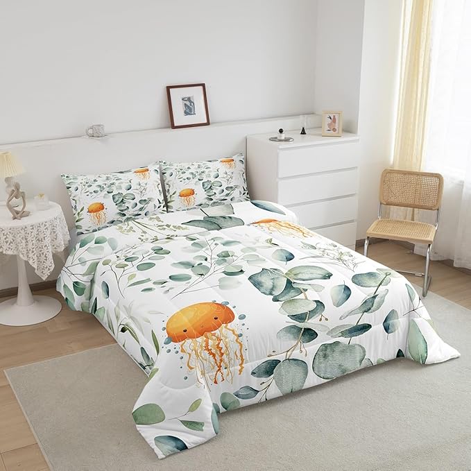 Erosebridal Kawaii Jellyfish Toddler Bedding Sets for Boys Girls Cartoon Animal Comforter Set, Eucalyptus Leaves Bedding Comforter Sets Ocean Wildlife Duvet Insert, Tropical Plants Down Comforter