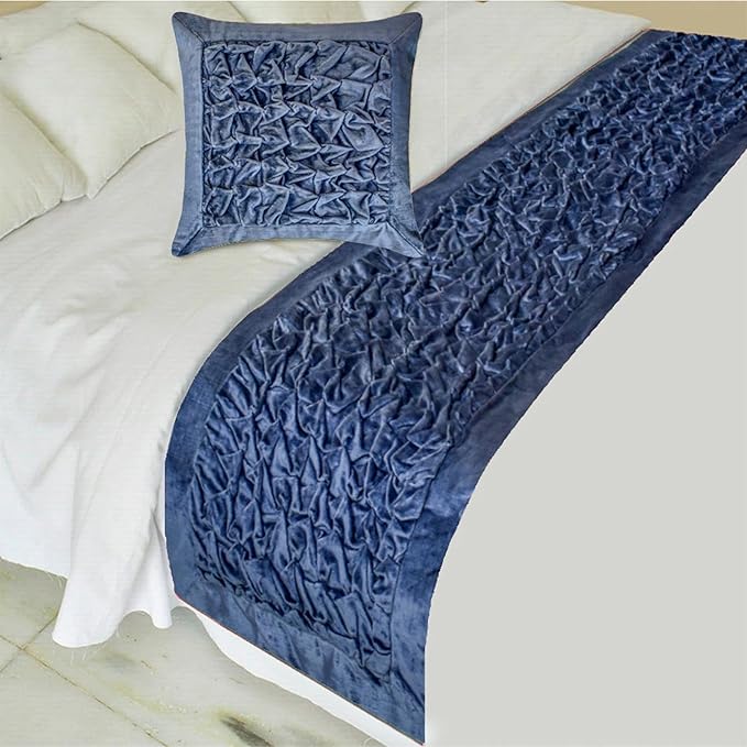 The HomeCentric Blue Bed Runner for King/Queen/Twin Velvet Decorative Bed Scarf 53"x18" Bed Runner Without Pillow Cover, Solid Bed Scarf Bedroom Décor Accent - Sapphire Knots