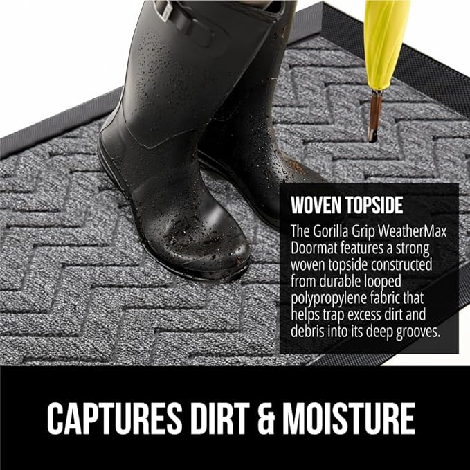 GORILLA GRIP 100% Waterproof All-Season WeatherMax Doormat, 47x35, Durable Natural Rubber, Stain and Fade Resistant, Low Profile, Indoor Outdoor Door Mats, Easy Clean Patio Entrance Mat, Steel Chevron