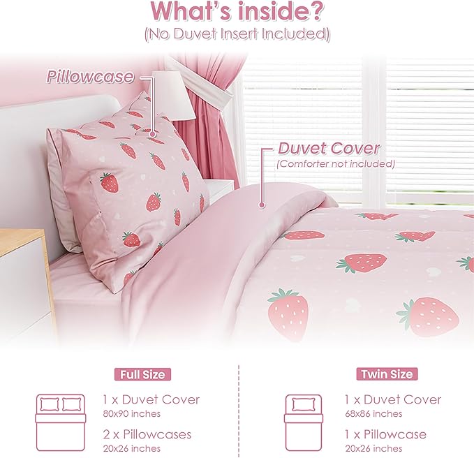 SANDJEST Strawberry Duvet Cover Sets Full Size for Kids Girls, Incude 1 Polyester Comforter Cover 80x90 Inches and 2 Pillowcases 20x26 Inches, Comforter Not Included, Gift for Christmas Birthday