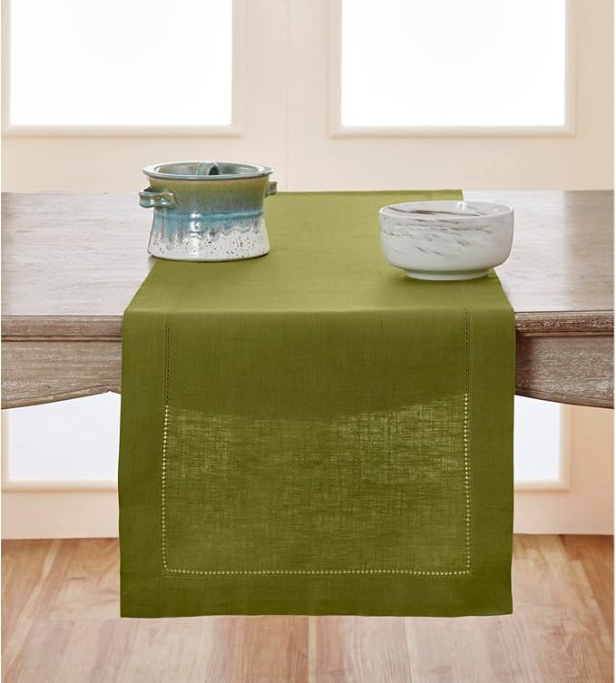 Solino Home Linen Avocado Green Table Runner 72 Inches Long - 100% Pure Linen Hemstitch Table Runner 14 x 72 Inch for Dresser, Dining - Classic Hemstitch