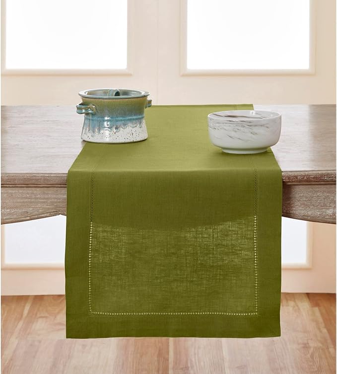 Solino Home Linen Hemstitch Table Runner 108 Inches Long - 100% Pure Linen Avocado Green Table Runner 14 x 108 Inch - Classic Hemstitch